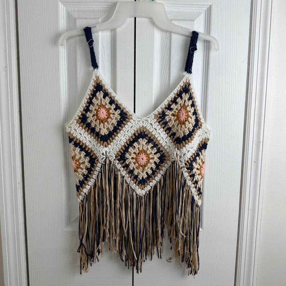 Rebellion Again Crochet Granny Square Fringe Tank Top M Blue Boho Festival
